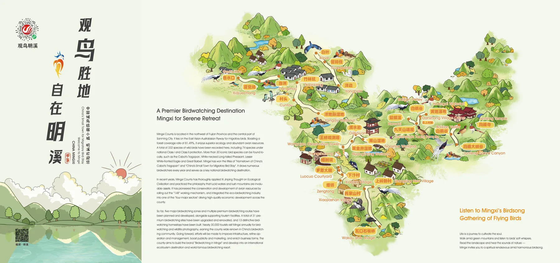 Birdwatching sites, villages, wetlands and nature attractions across Mingxi.